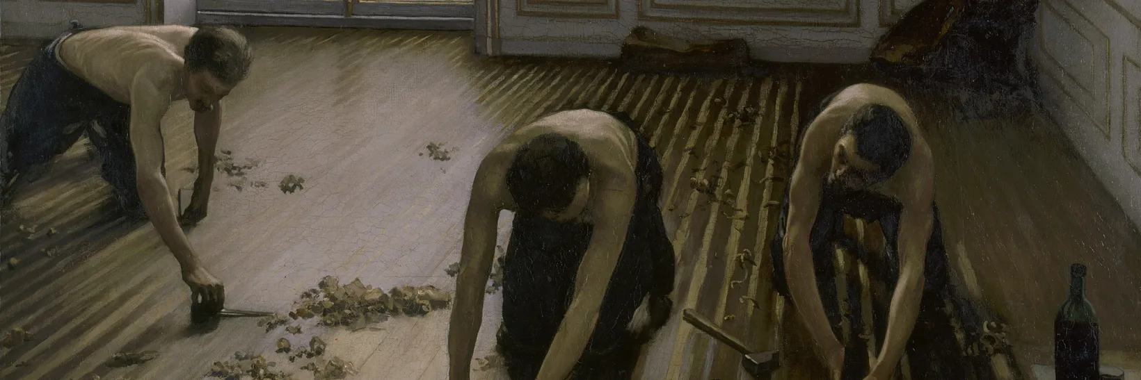 Detail of Caillebotte's The Floor Scrapers: three shirtless men on their knees planing a wooden floor in raking light