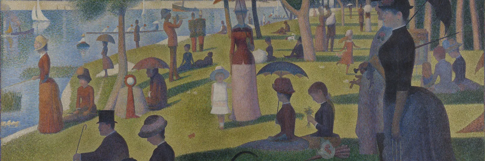Detail of Seurat's A Sunday on La Grande Jatte, Parisians relaxing on a riverside lawn with parasols, sailboats on the water