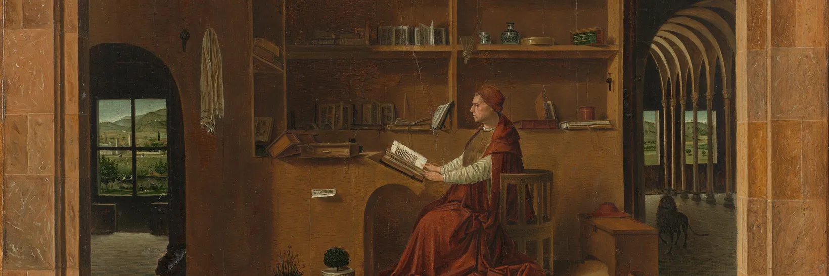 Detail of Antonello da Messina's Saint Jerome in His Study: the saint reading at his desk among shelves of books