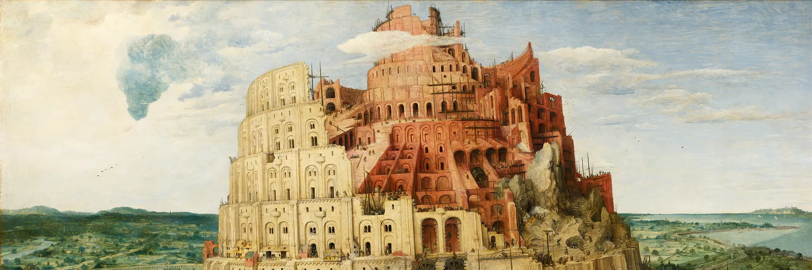 Detail of Bruegel's The Tower of Babel: the unfinished spiralling tower rising above a landscape and harbour